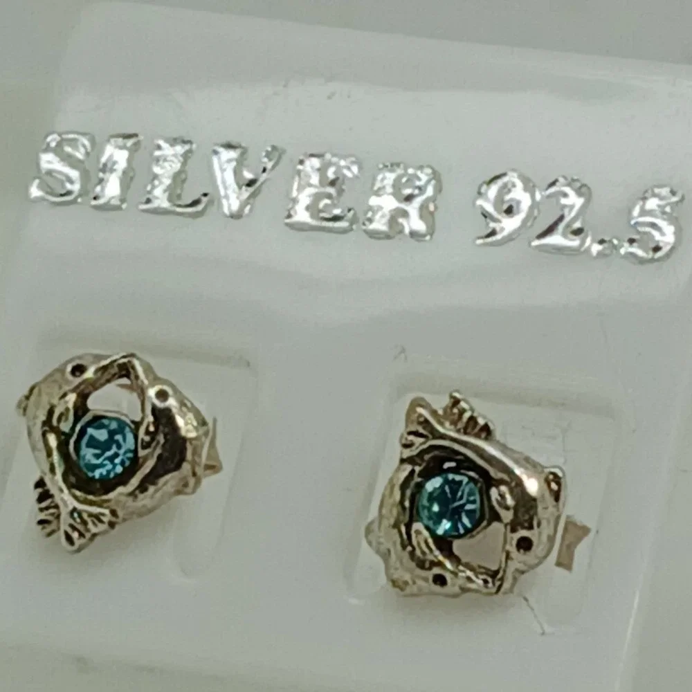 Sterling Silver 925 Dolphin Stud‎ Earrings Blue Crystal Nautical Vintage Jewelry